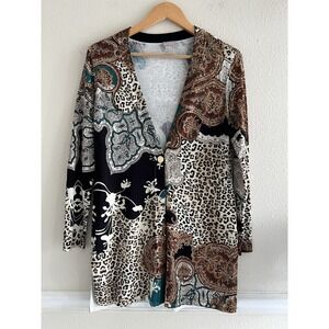 Chico's Animal Print Cardigan Sweater Open Women's Small Petite Feminine Casual